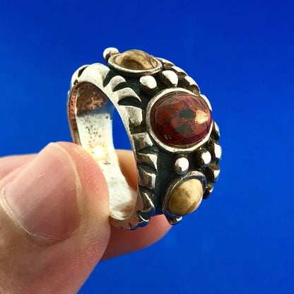 Vintage Native American Artisan 925 Sterling Silver Red Yellow Jasper Band Ring