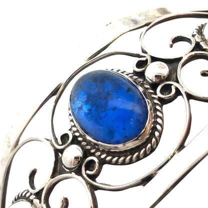 Designer Iguala Mexico 925 Sterling Silver Blue Glass Statement Cuff Bracelet