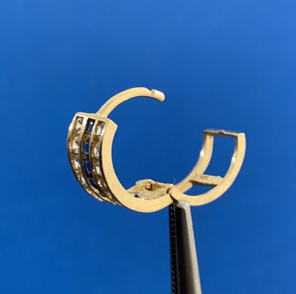 Designer JTS 14K Yellow Gold White Topaz Blue Sapphire Huggie Hoop Earrings