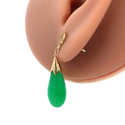 Vintage 14K Yellow Gold Teardrop Bright Green Jade Chinese Luck Dangle Earrings
