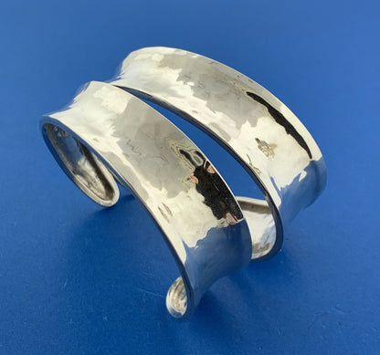 Modernist Artisan Sterling Silver Hammered Wave Double Cuff Statement Bracelet