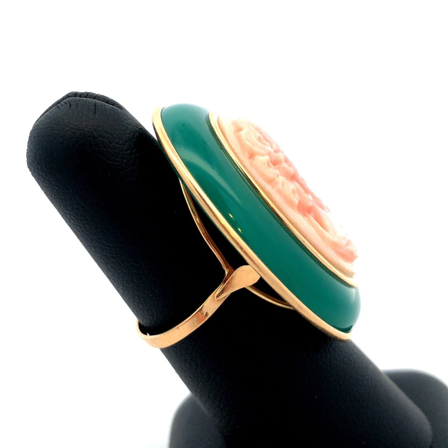 Designer Italy 14K Yellow Gold Oval Green Jade Pink Cameo Statement Ring