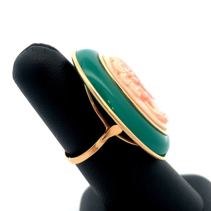 Designer Italy 14K Yellow Gold Oval Green Jade Pink Cameo Statement Ring