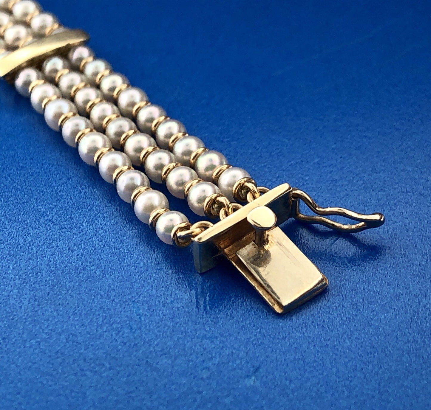 Vintage 14K Yellow Gold Cultured Pearl 3 Strand Bridal June Anniversary Bracelet