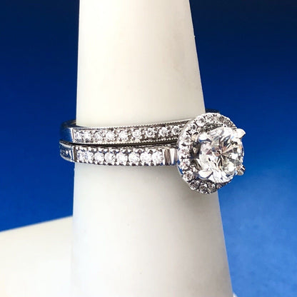 Designer 14K White Gold Round Diamond Solitaire W Halo Accents 2 Ring Bridal Set