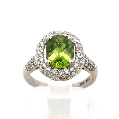 Designer EMA 14K White Gold Oval Cushion Cut Peridot Diamond Halo Cocktail Ring