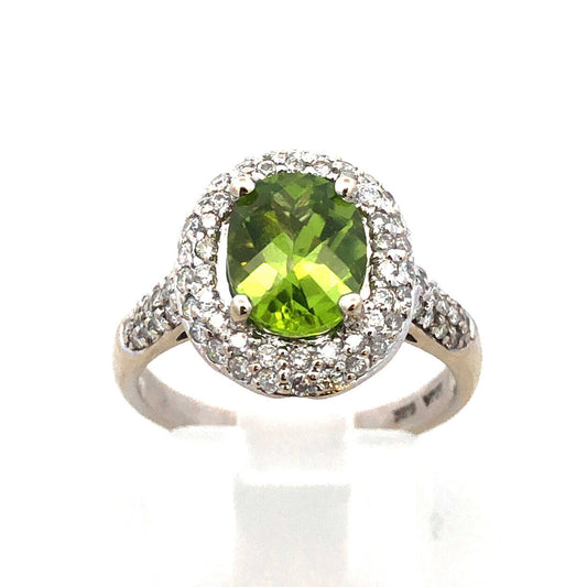 Designer EMA 14K White Gold Oval Cushion Cut Peridot Diamond Halo Cocktail Ring