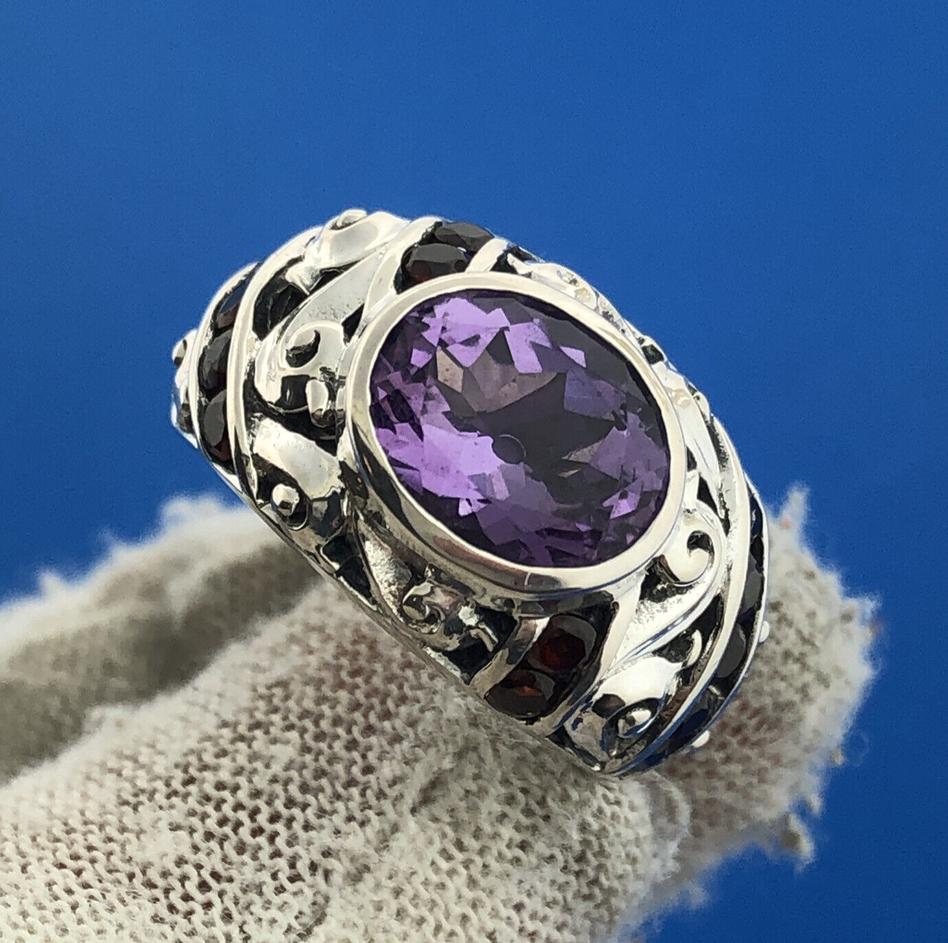 Estate CNA Sterling Silver 925 Amethyst Garnet Scroll Statement Cocktail Ring