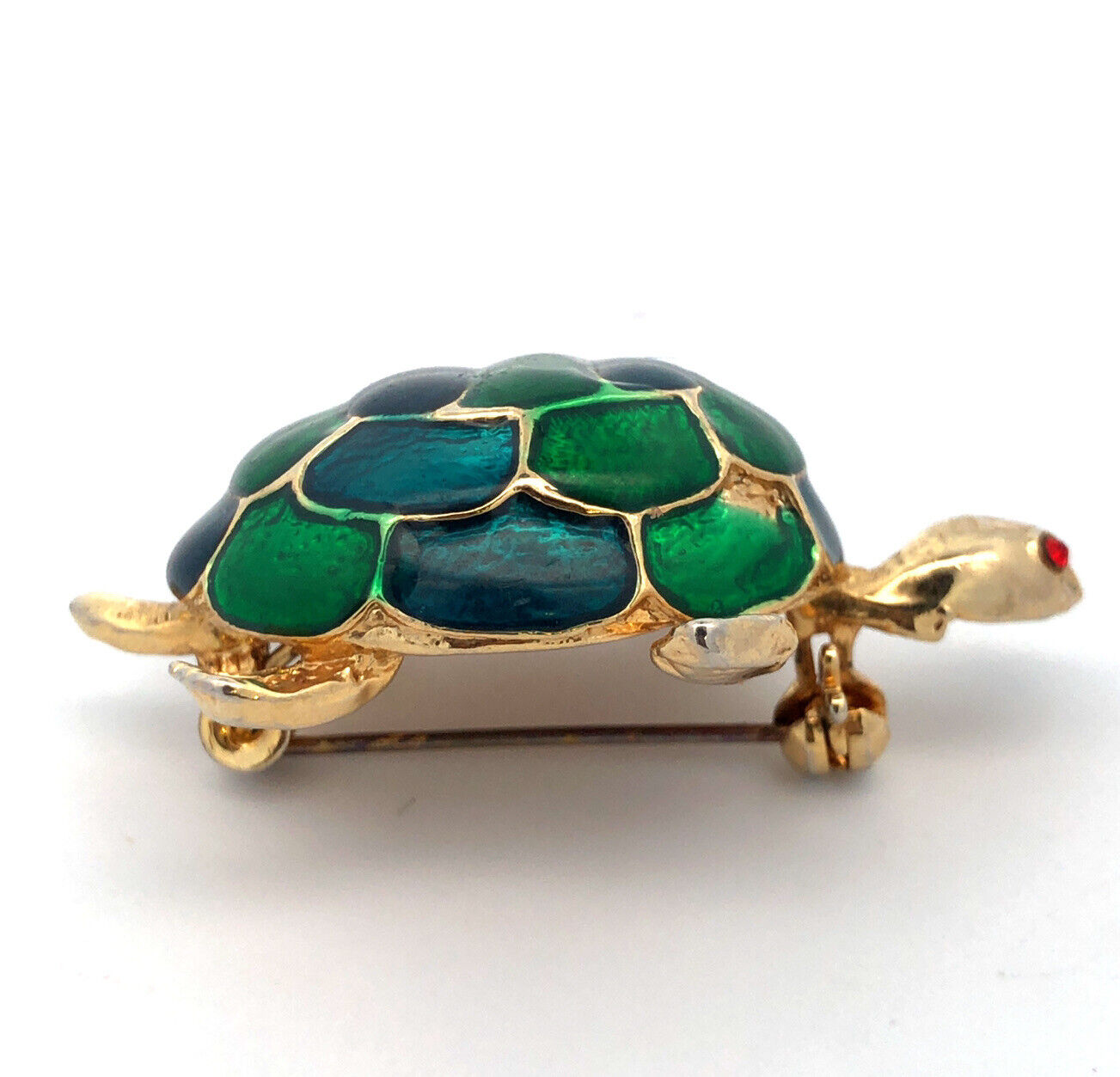 Vibrant Gold Tone Blue Green Enamel Red Rhinestone Turtle Scarf Lapel Pin Brooch