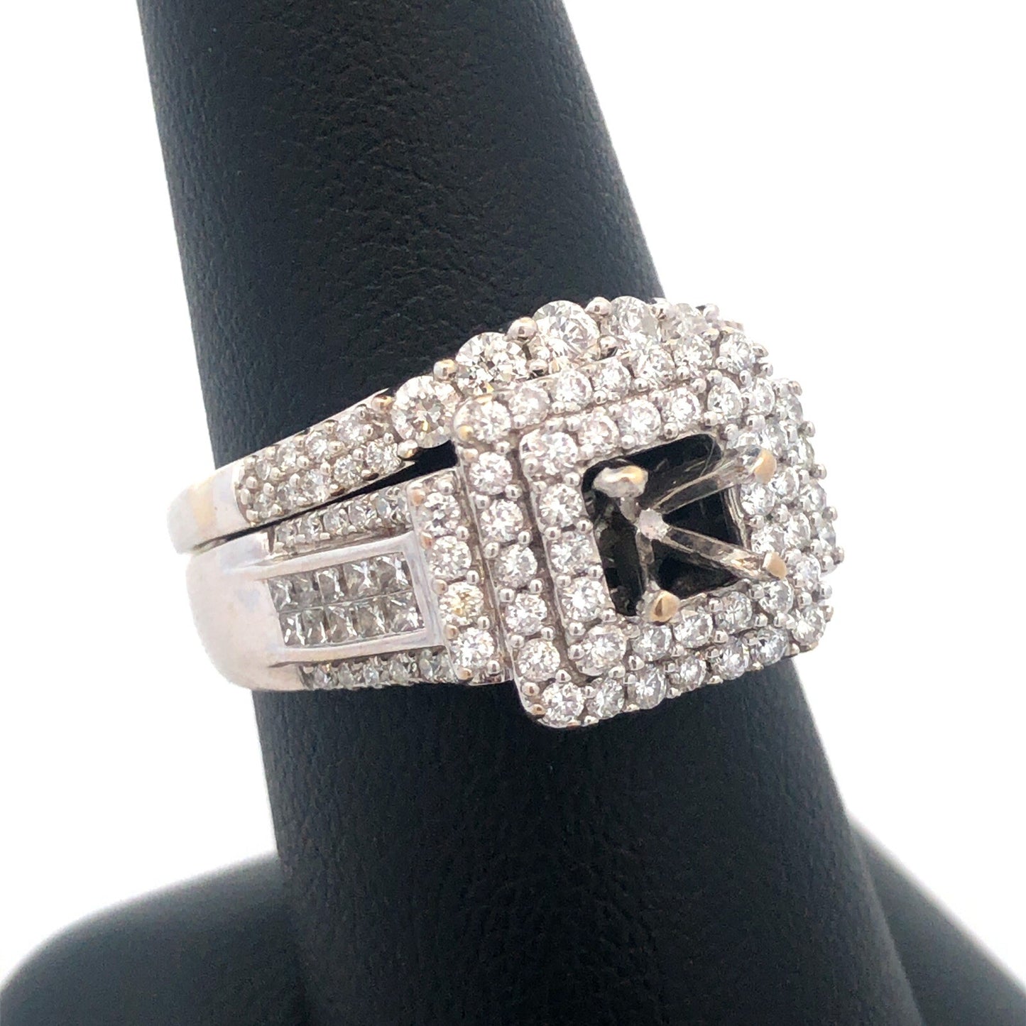14K White Gold Diamond Triple Halo Mounting Diamond Wave Band 2 Pc Bridal Set