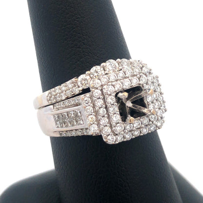 14K White Gold Diamond Triple Halo Mounting Diamond Wave Band 2 Pc Bridal Set
