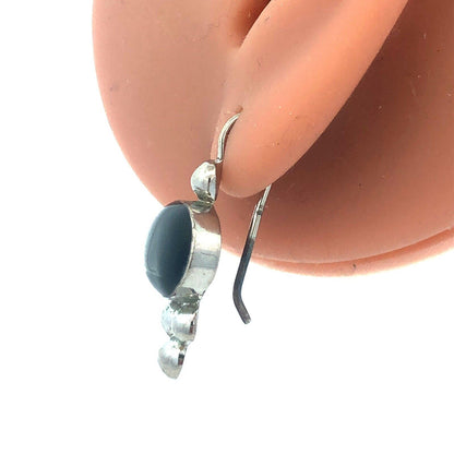 Vintage ATI Mexico 925 Sterling Silver Oval Black Onyx Hook Dangle Earrings