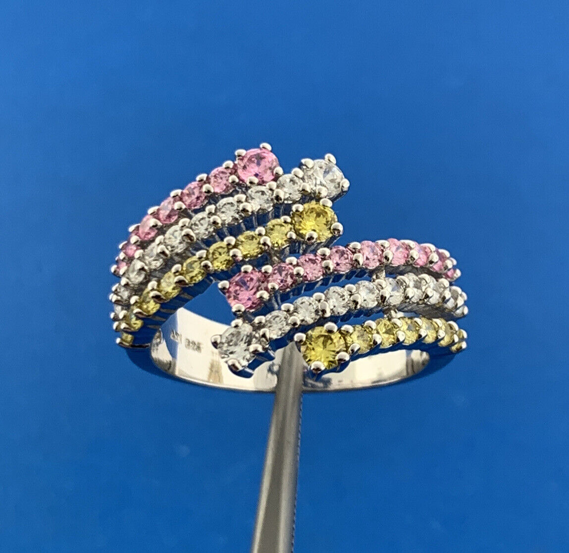 Designer Sterling Silver Pink White Yellow Cubic Zirconia Statement Bypass Ring
