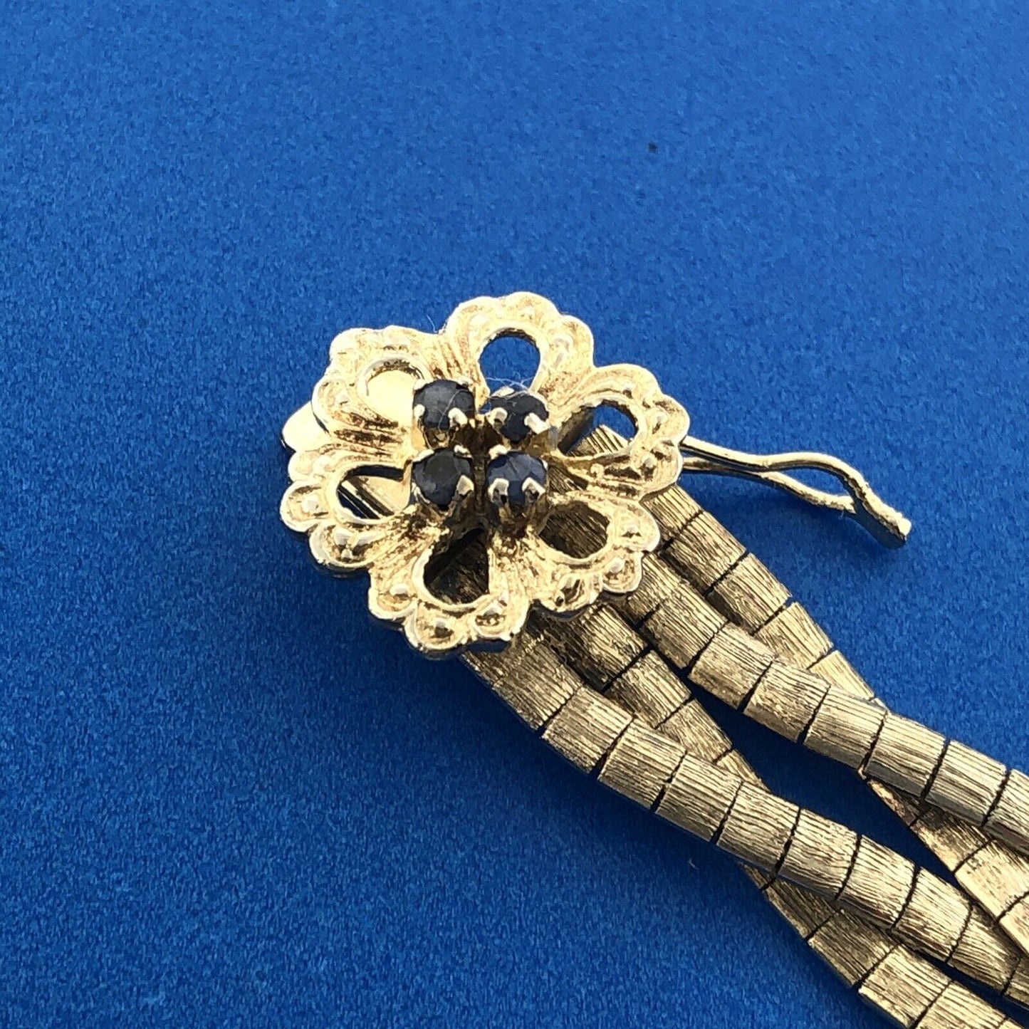 Sterling Silver 925 Vermeil Gold Tone Blue Sapphire Floral Clasp Woven Bracelet