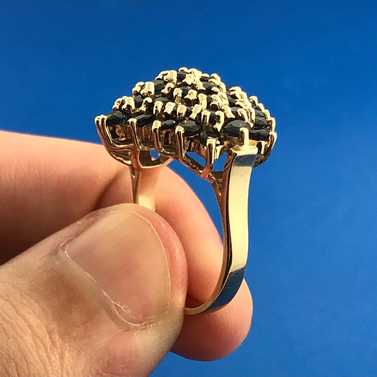 Modernist 10K Yellow Gold Sapphire Cluster September Anniversary Dome Ring