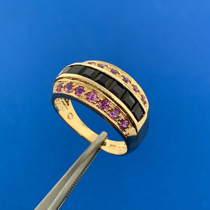 14K Yellow Gold Princess Sapphire Round Ruby Accented Statement Band Ring
