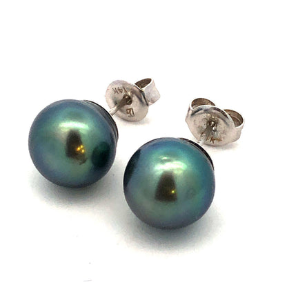 Designer 14K White Gold Round Tahitian Pearl Ball Solitaire Stud Earrings