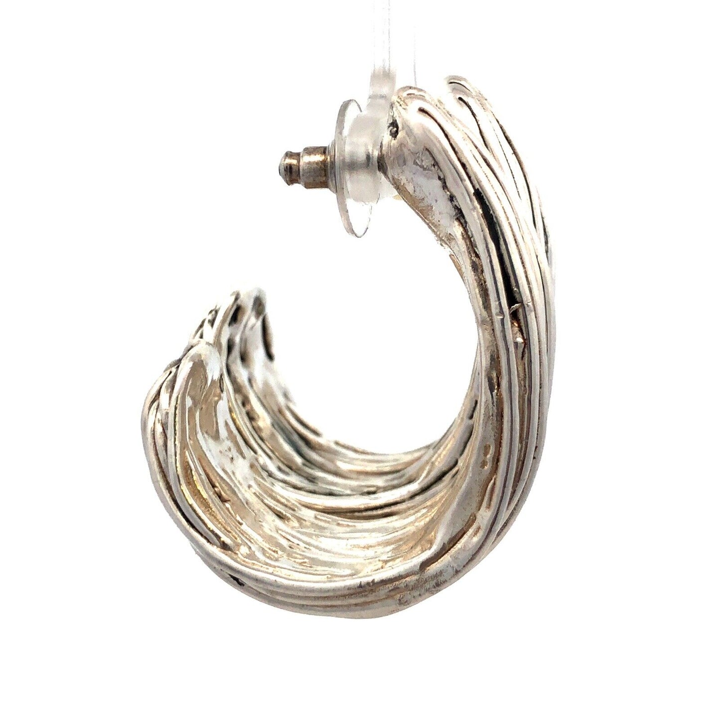 Estate Sterling Silver Textured Ribbed Modernist Drop Dangle Half Hoop Earrings