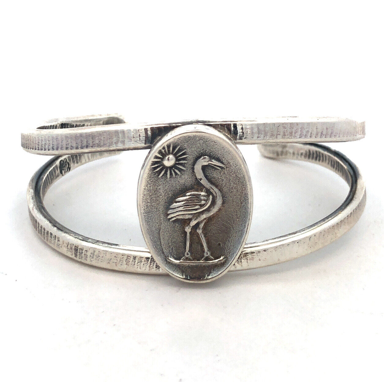 Designer 925 Sterling Silver Heron Crane Bird Sun Oval Open Cuff Bracelet