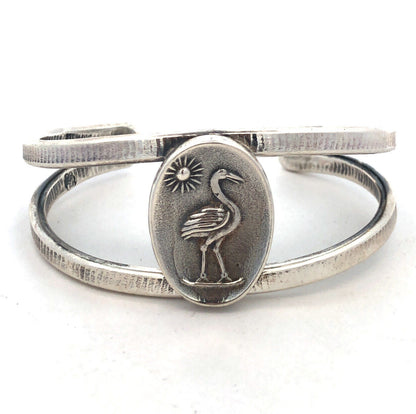 Designer 925 Sterling Silver Heron Crane Bird Sun Oval Open Cuff Bracelet