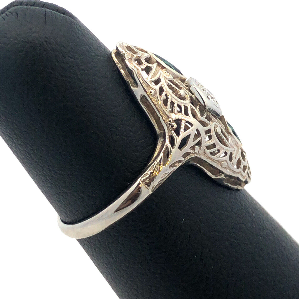 Designer Art Deco 14K White Gold Diamond Emerald Accent Filigree Cocktail Ring