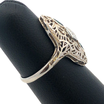 Designer Art Deco 14K White Gold Diamond Emerald Accent Filigree Cocktail Ring