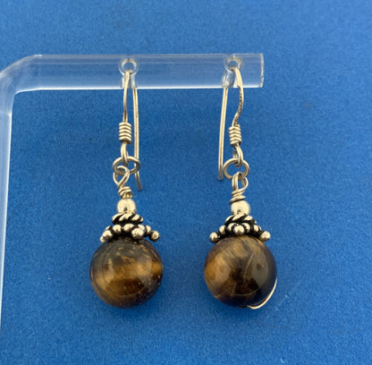 Designer 925 Sterling Silver Tiger's Eye Bead Ball Drop Dangle Hook Earrings