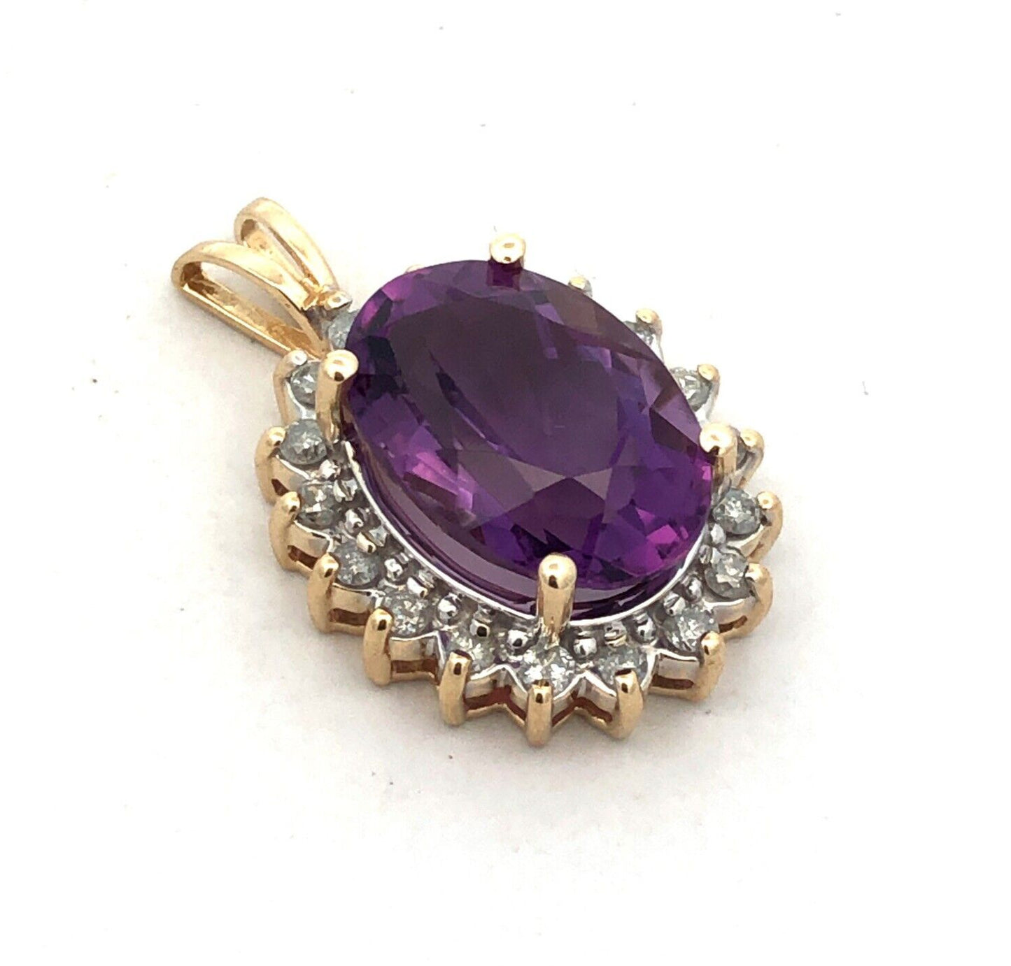 Designer 14K Yellow Gold Oval Purple Amethyst Diamond Halo Statement Pendant