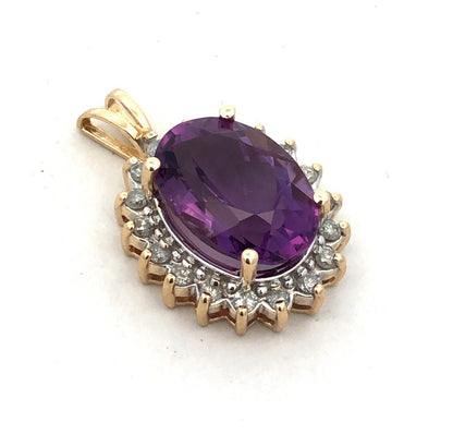 Designer 14K Yellow Gold Oval Purple Amethyst Diamond Halo Statement Pendant