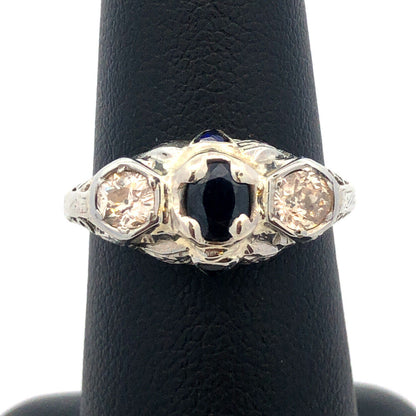 Vintage Platinum Oval Sapphire Round Diamond Trio Filigree Engagement Ring