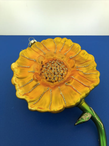 Artisan Hand Blown Hand Painted Glass Sunflower Statement Christmas Ornament