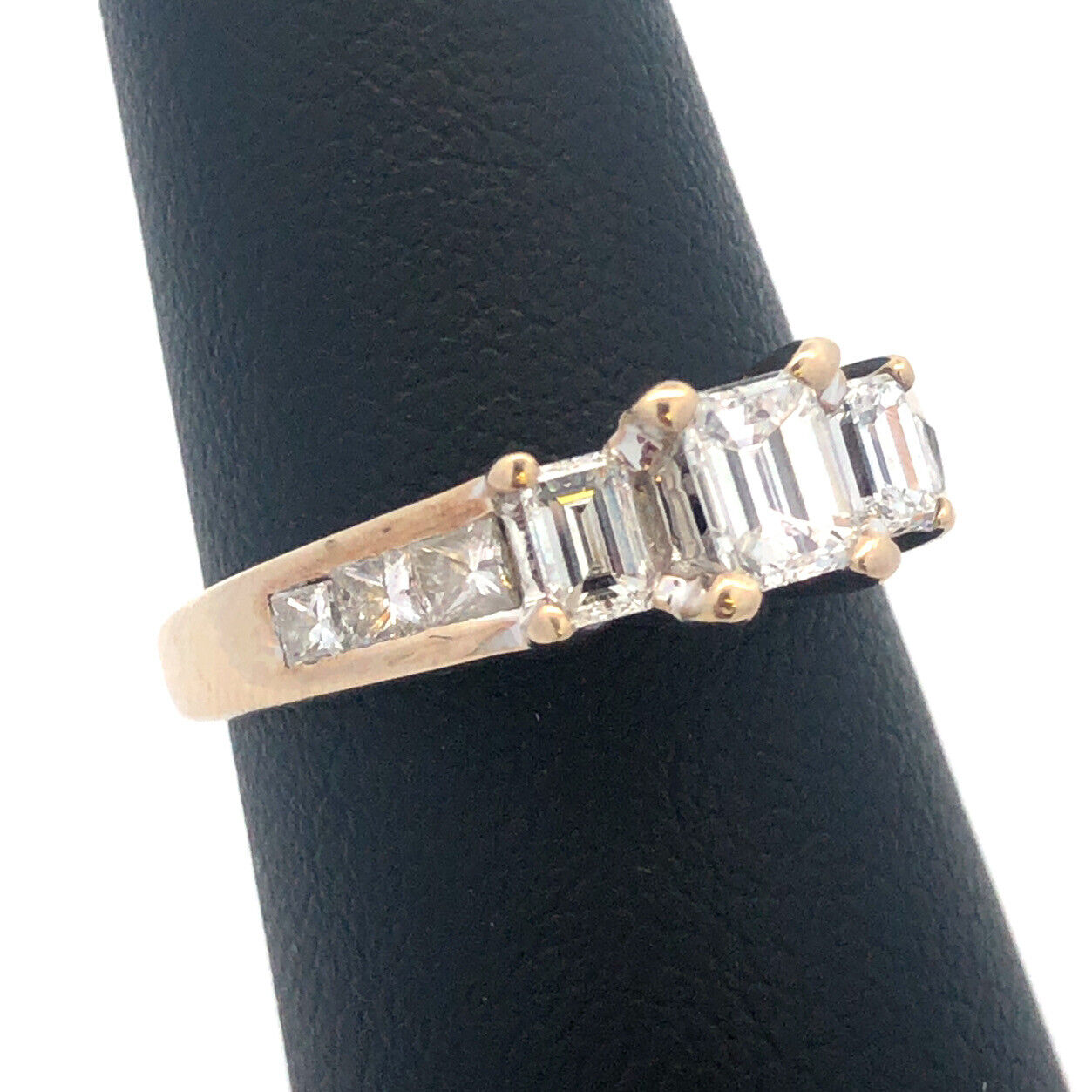 18K Yellow Gold Emerald Cut Diamond Trio Waterfall Engagement Size 6 Ring