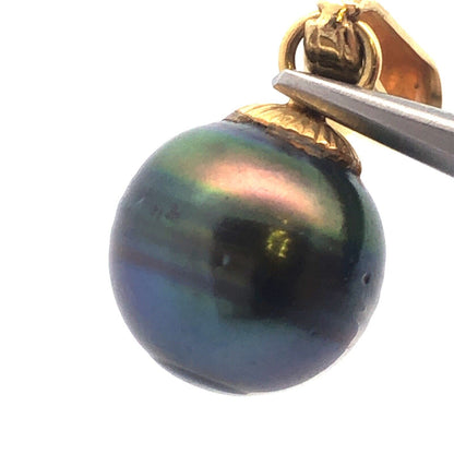 Vintage 18K Yellow Gold 10 mm Black Pearl Dangle Drop Charm Pendant