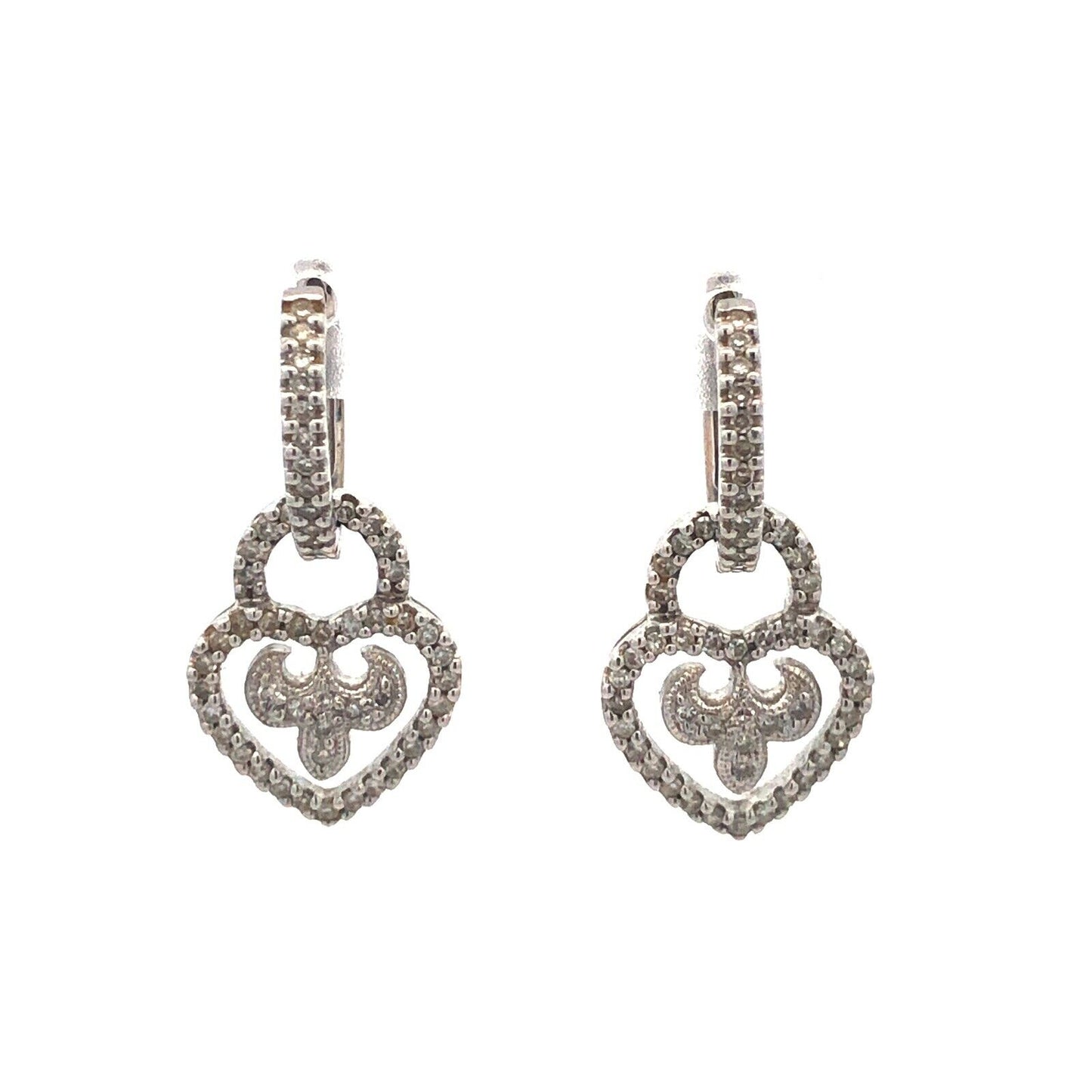 Michael Cristoff 18K  White Gold Diamond Fleur De Lis Heart Drop Dangle Earrings