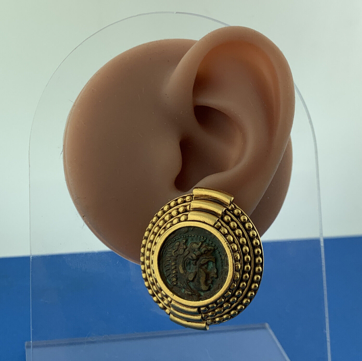 Vintage DIVA Gold Tone Etruscan Inspired Ancient Coin Clip Statement Earrings