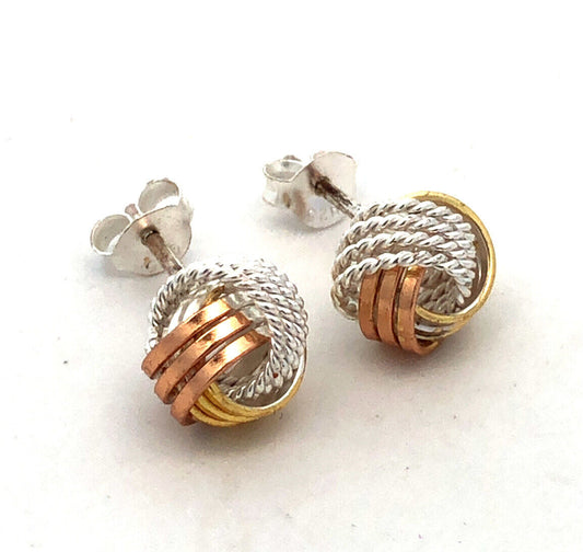 Designer 925 Sterling Silver Vermeil Tri-Tone Textured Twist Knot Stud Earrings