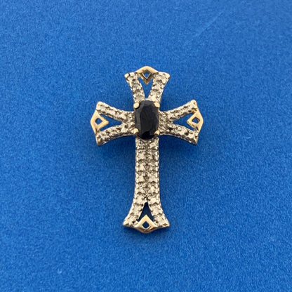 Designer 925 Sterling Silver Vermeil Oval Sapphire Two Tone Cross Pendant