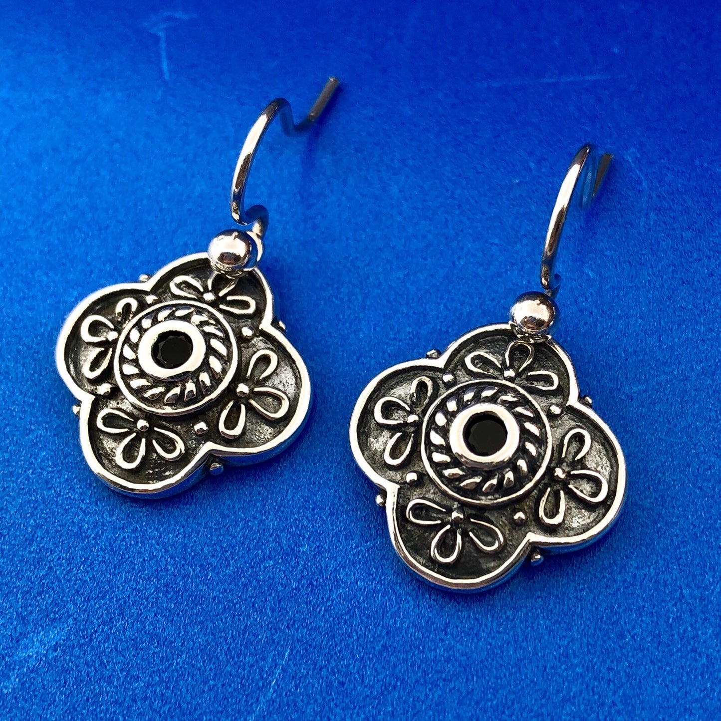 Vintage 925 Sterling Silver Black Onyx Floral Scroll Drop Dangle Earrings