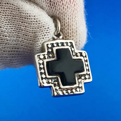 Vintage Mexico 925 Sterling Silver Black Onyx Heart Cross Toggle Charm Bracelet