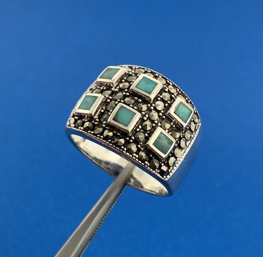 Designer 925 Sterling Silver Turquoise Marcasite Inlay Statement Dome Ring