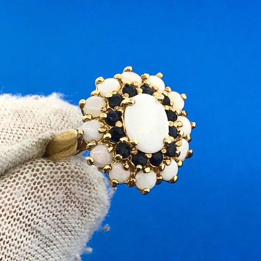 Designer 925 Sterling Silver Vermeil Opal Sapphire Halo Gold Toned Cocktail Ring