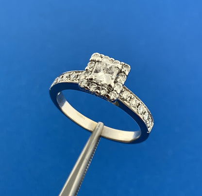 Designer 14K White Gold Princess Diamond Solitaire Halo Accented Engagement Ring
