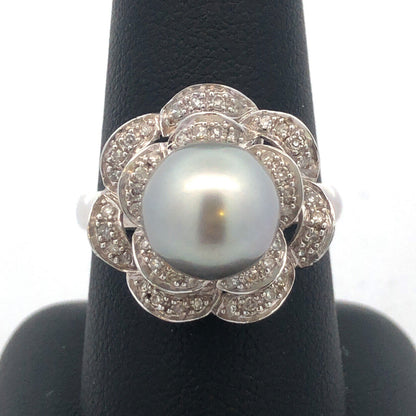 Designer 14K White Gold Tahitian Pearl Diamond Statement Cocktail Ring