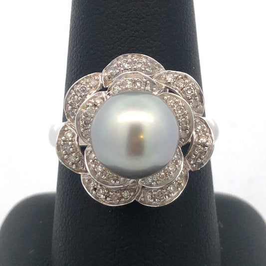 Designer 14K White Gold Tahitian Pearl Diamond Statement Cocktail Ring