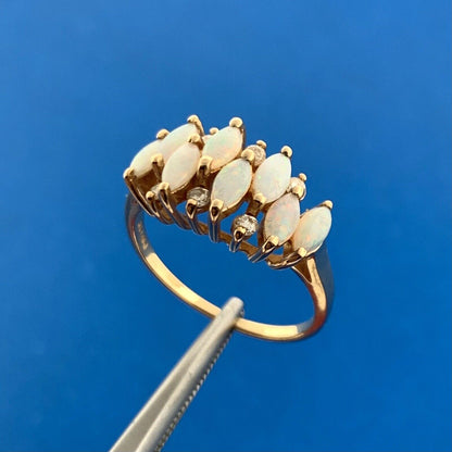 14K Yellow Gold Marquise Opal Diamond Accented Waterfall Cocktail Ring