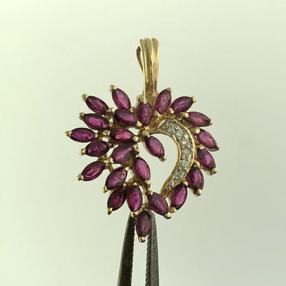 Gorgeous 14k Yellow Gold Marquise Cut Ruby Diamond Loving Open Heart Pendant