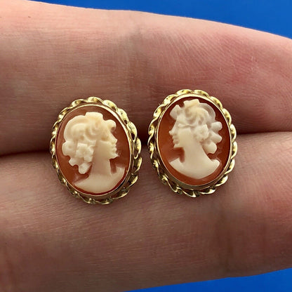 Classic Victorian 14K Yellow Gold Carved Cameo Statement Stud Earrings