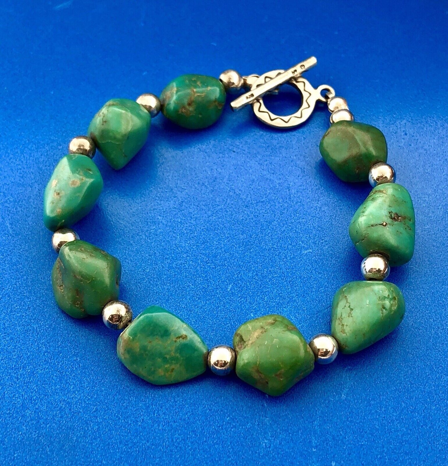 Native American Artisan Sterling Silver 925 Turquoise Chunky Toggle Bracelet