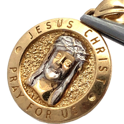 10K Yellow White Gold Designer NG Jesus Christ Pray For Us Round Pendant