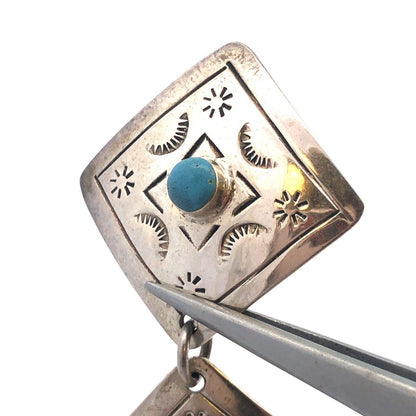 Vintage Taxco TT-44 925 Sterling Silver Turquoise Concho Dangle Stud Earrings